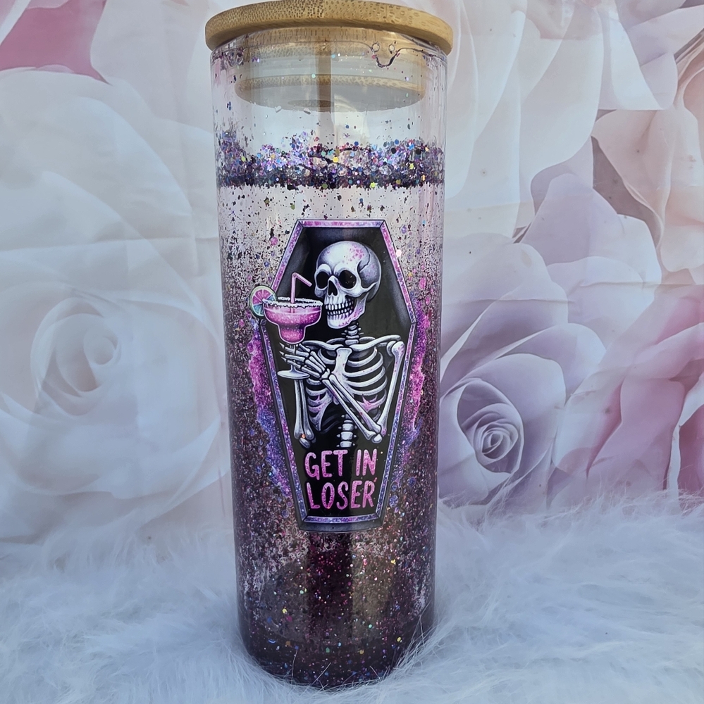 Skeleton Glitter Tumbler with Bamboo Lid